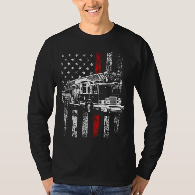 Fireman American Flag Thin Red Line Firefighter T-Shirt (Front)