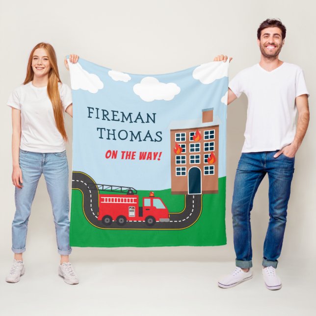 Fireman and Fire Truck with First Name Little Boy Fleece Blanket (In Situ)