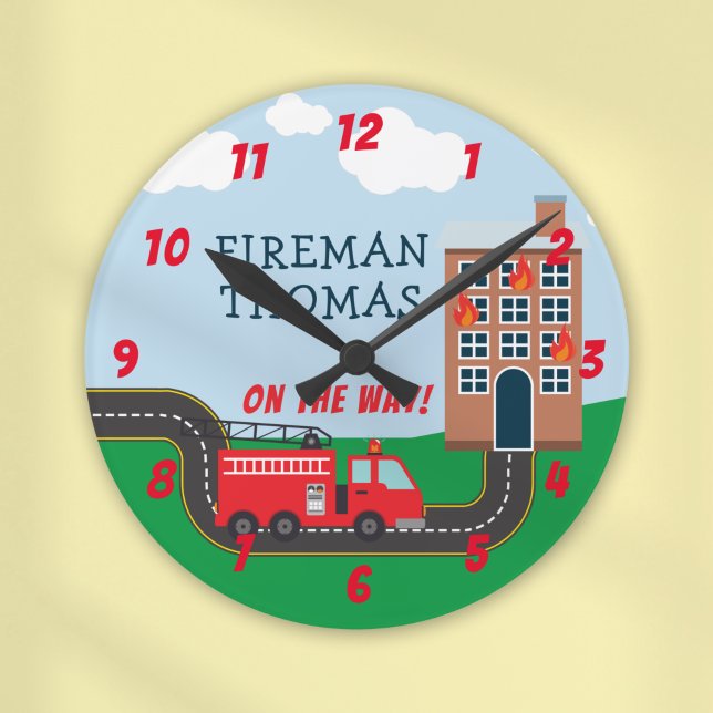 Fireman and Fire Truck with First Name Little Boy Round Clock (Creator Uploaded)