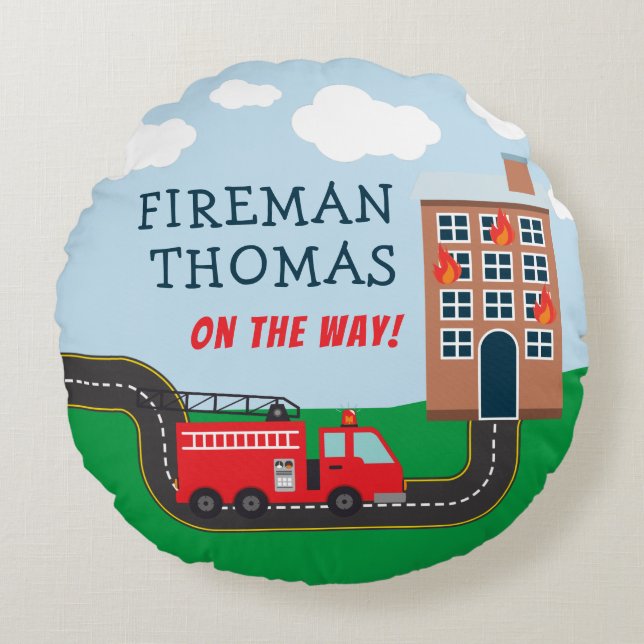 Fireman and Fire Truck with First Name Little Boy Round Pillow (Front)