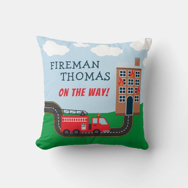 Fireman and Fire Truck with First Name Little Boy Throw Pillow (Front)