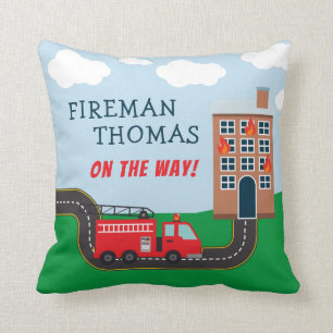 Fireman and Fire Truck with First Name Little Boy Throw Pillow