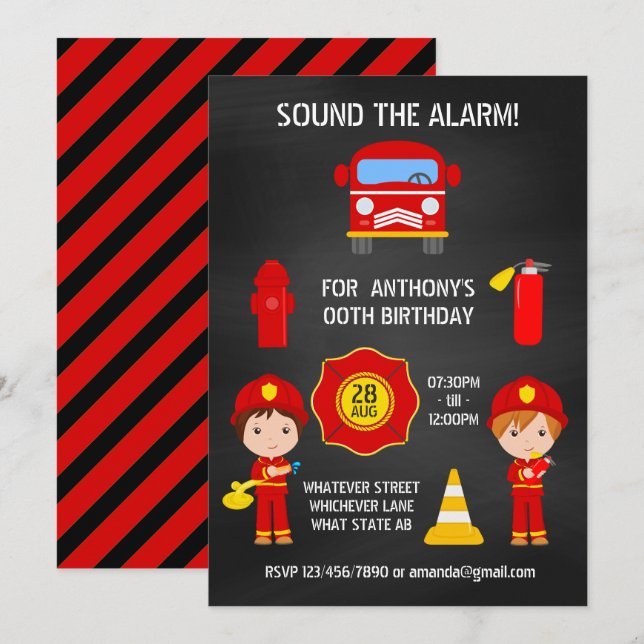 Fireman Birthday Chalkboard invitation (Front/Back)