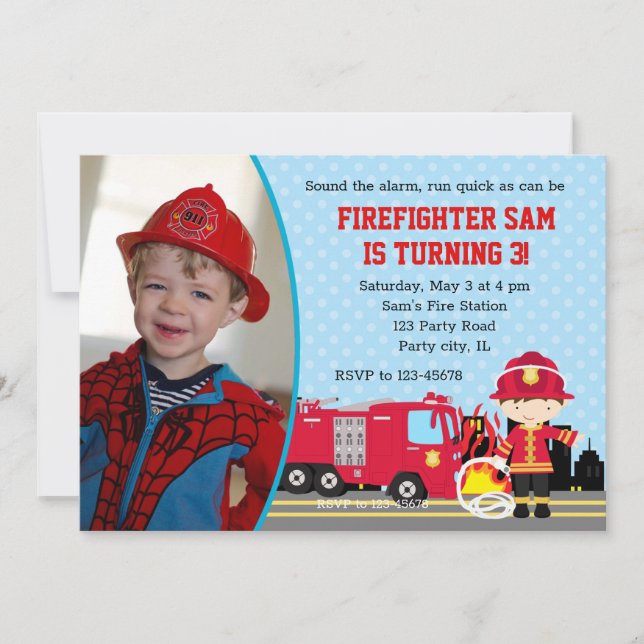 Fireman Birthday Invitations with Photo (Boys) (Front)