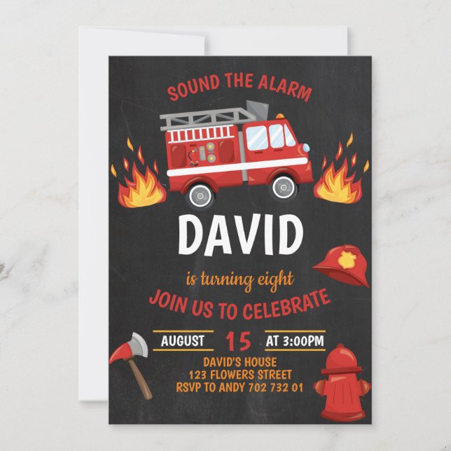 Fireman Boy Chalkboard Firetruck Birthday Invitation (Front)
