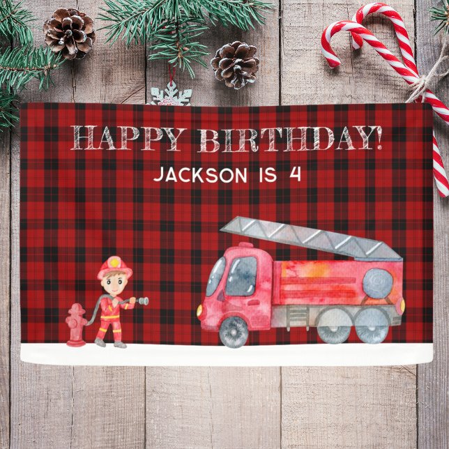 Fireman Christmas Firetruck Boys birthday Party Banner (Fireman Christmas Firetruck Boys birthday Party Banner Modern Firefighter birthday red black flannel)