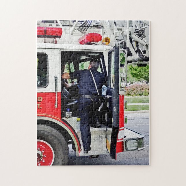 Fireman Climbing into Fire Truck Jigsaw Puzzle (Vertical)