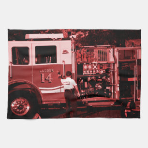 fireman entering truck burgundy coloured kitchen towel