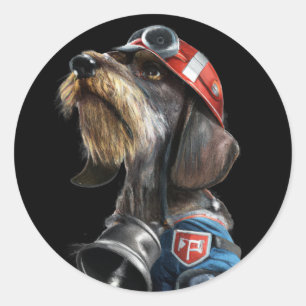Fireman Fire Chief Wire-Hair Dachshund Dog Classic Round Sticker