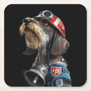 Fireman Fire Chief Wire-Hair Dachshund Dog Square Paper Coaster