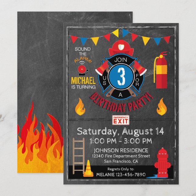 Fireman Fire Department Gear and Badge Birthday Invitation (Front/Back)