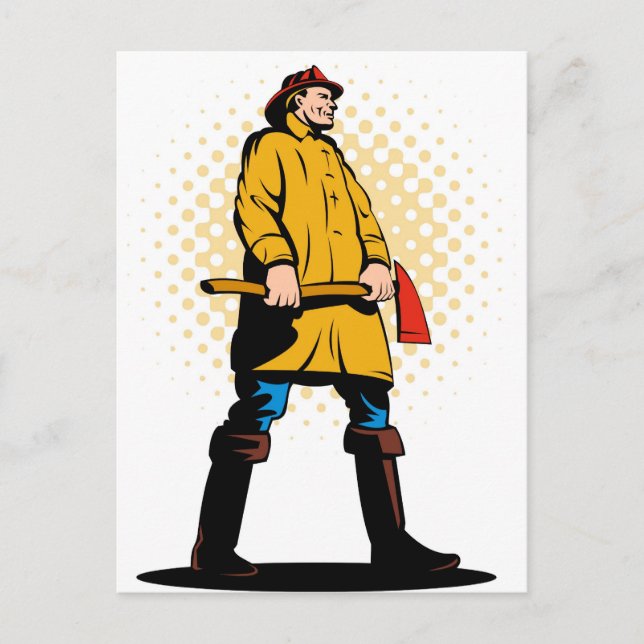 fireman firefighter fighting fire retro postcard (Front)