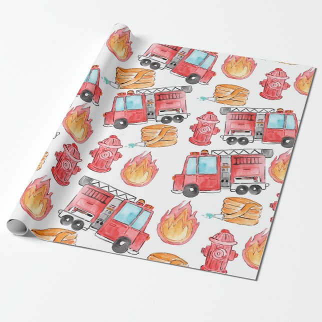 Fireman firefighter kid birthday wrapping paper (Unrolled)