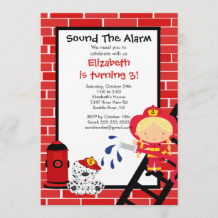 Fireman girl Firetruck Birthday Party Invitation