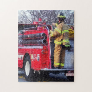 Fireman On Back Of Fire Truck Jigsaw Puzzle