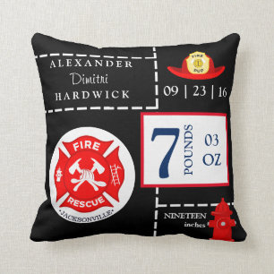 Fireman Rescue Fire Boy's Birth Stats Keepsake Throw Pillow