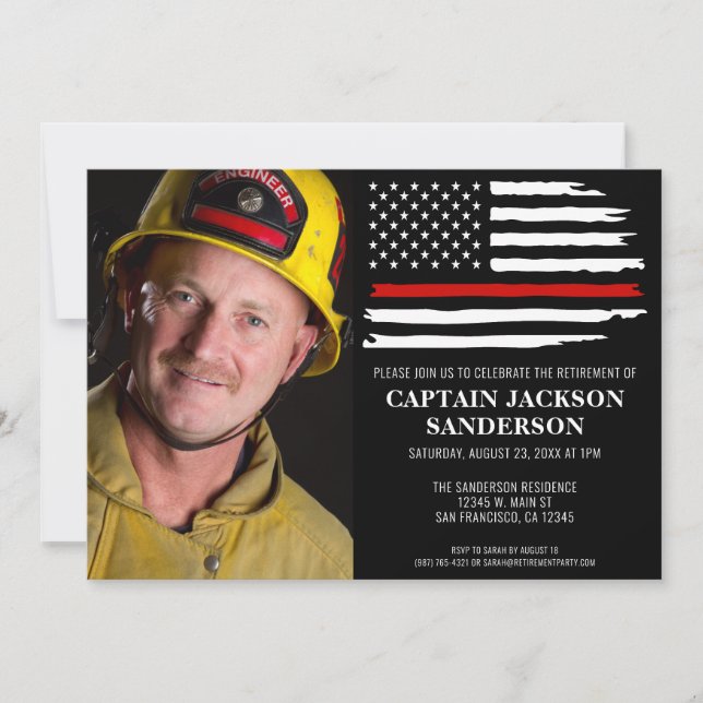 Fireman Thin Red Firefighter Photo Retirement Invitation (Front)