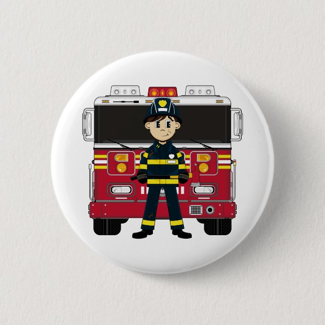 Fireman with Fire Engine Badge 2 Inch Round Button (Front)
