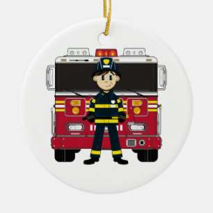 Fireman with Fire Engine Coaster Ceramic Ornament