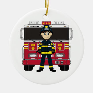 Fireman with Fire Engine Coaster Ceramic Ornament
