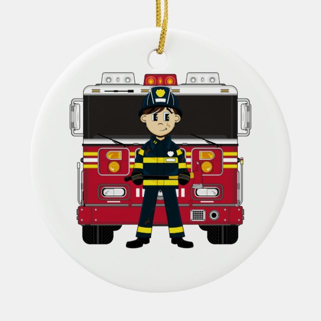 Fireman with Fire Engine Coaster Ceramic Ornament (Front)