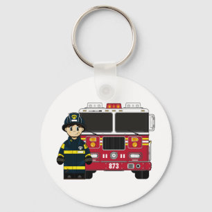 Fireman with Fire Engine Keychain