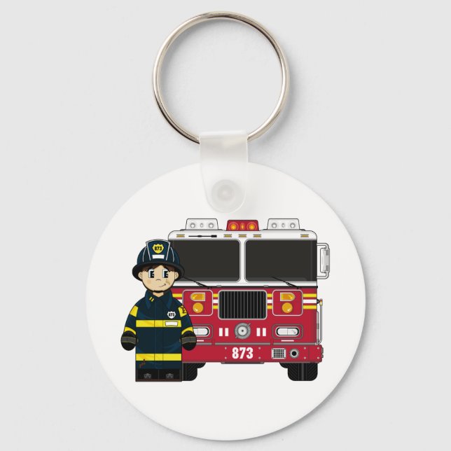Fireman with Fire Engine Keychain (Front)
