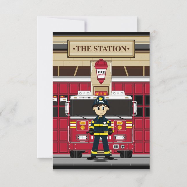 Fireman with Fire Engine RSVP Card (Front)