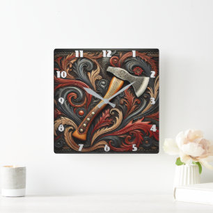 Fireman's Axe Among Ornate Patterns Square Wall Clock