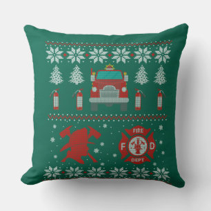 Firemen Firefighter Christmas Ugly Xmas Sweater Throw Pillow