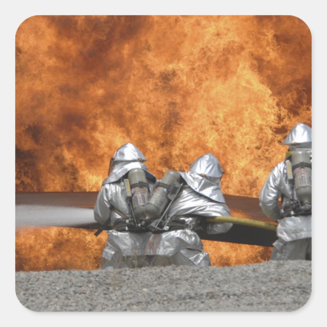 Firemen neutralize a fire square sticker (Front)