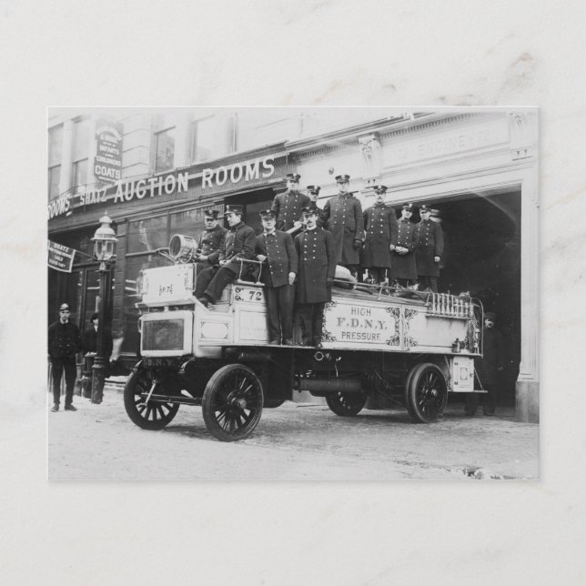 Firemen posed on fire engine, New York City Postcard (Front)