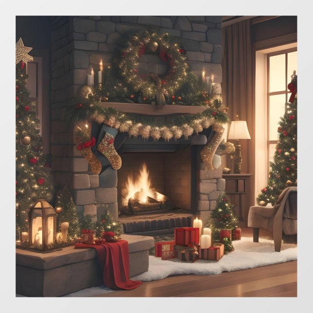 Fireplace Christmas Window Cling (Sheet)