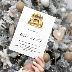 Fireplace cozy home tree luxury Christmas Party Invitation