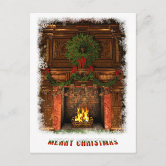 Fireplace decorated for Christmas Holiday Postcard