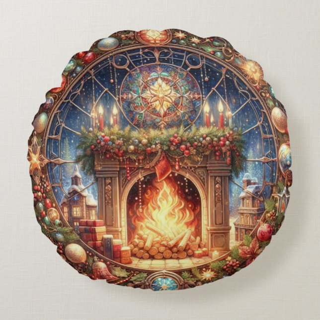 Fireplace Round Throw Pillow (Front)