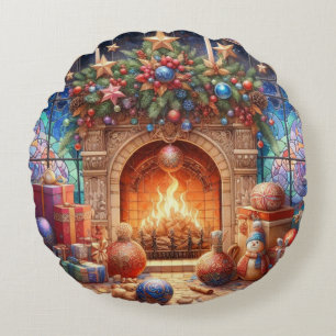Fireplace Round Throw Pillow