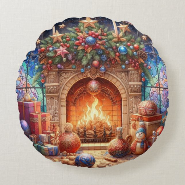 Fireplace Round Throw Pillow (Front)