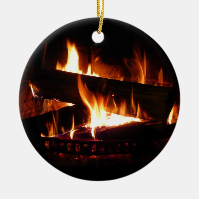 Fireplace Warm Winter Scene Photography Ceramic Ornament (Front)