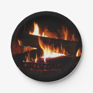 Fireplace Warm Winter Scene Photography Paper Plate