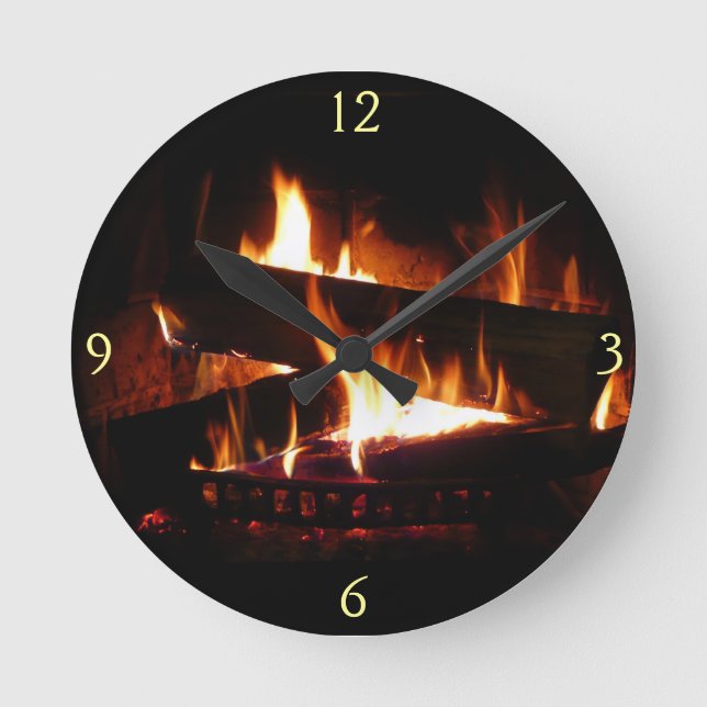 Fireplace Warm Winter Scene Photography Round Clock (Front)