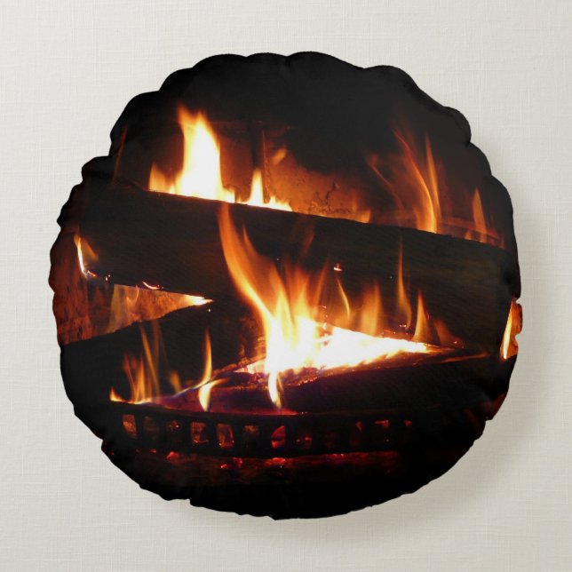 Fireplace Warm Winter Scene Photography Round Pillow (Front)