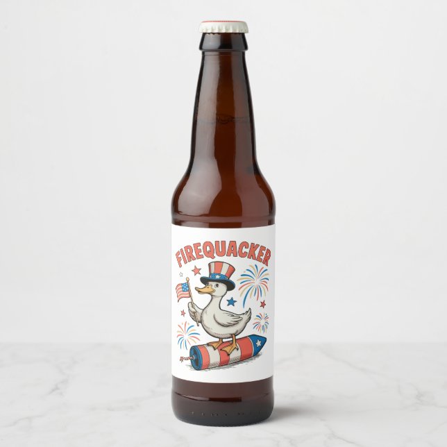 Firequacker Patriotic Duck 4th Of July 250th Beer Bottle Label (Front)