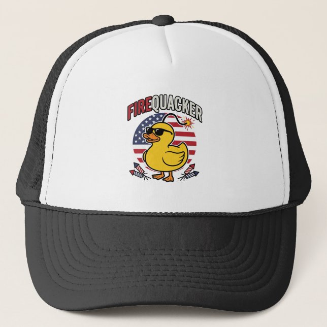 Firequacker Patriotic Duck Fireworks Vector Design Trucker Hat (Front)