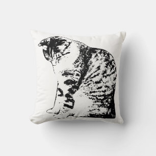 Fireside Calm with Inked Cat Throw Pillow