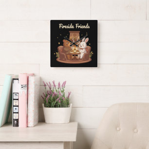 Fireside Friends Cute Bear and Rabbit Cozy  Square Wall Clock