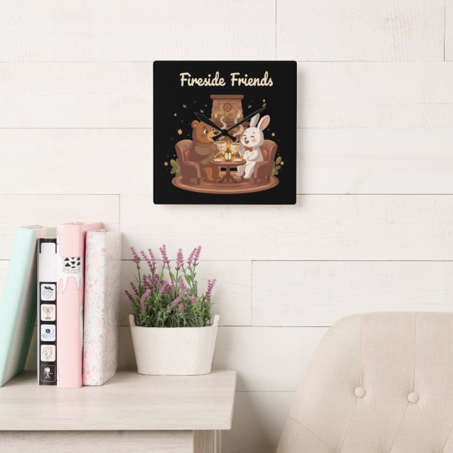 Fireside Friends Cute Bear and Rabbit Cozy  Square Wall Clock (Reading Room)
