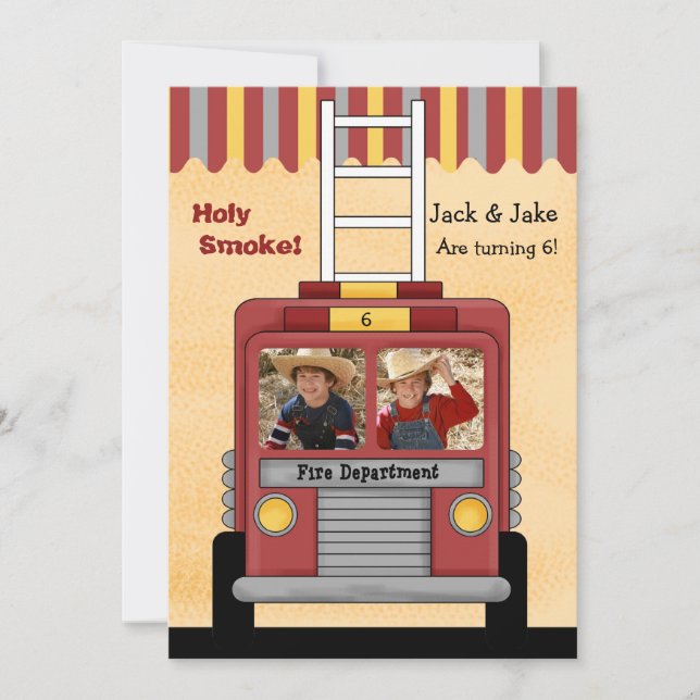 Firetruck 2 Photo Birthday Party Invitation (Front)