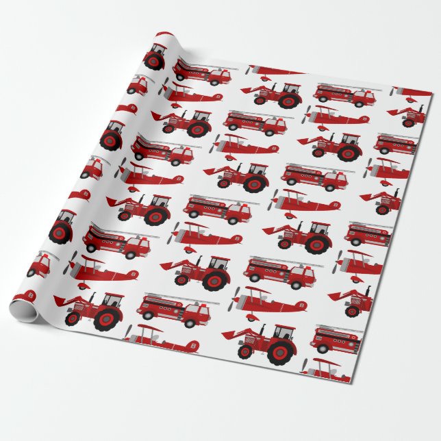 Firetruck, Airplane, Tractor Wrapping Paper (Unrolled)