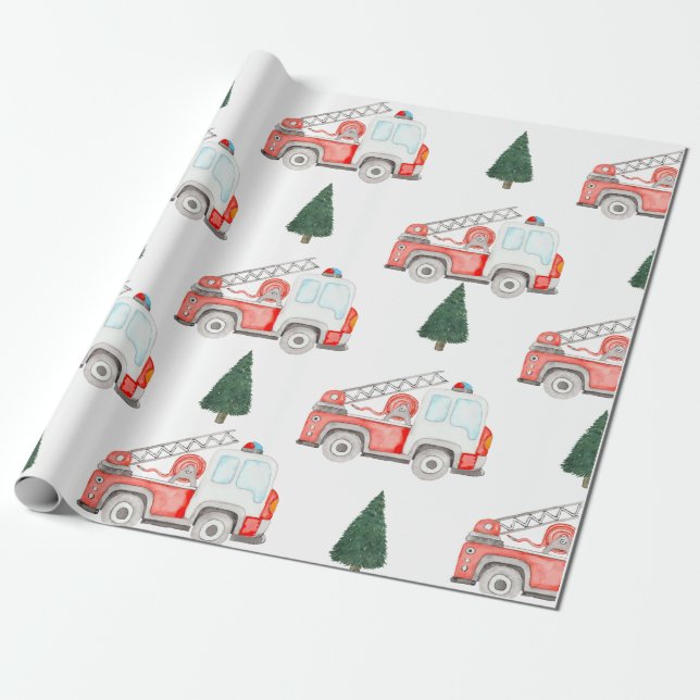 Firetruck and Christmas tree Wrapping Paper (Unrolled)